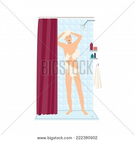 Smiling man standing, taking shower and lathering his body with soap. Happy male cartoon character washing in bathroom. Daily personal hygiene procedure. Colorful vector illustration in flat style
