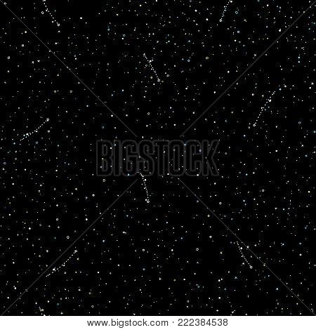 Starry sky hand draw seamless pattern, doodle elements in galaxy and stars style - endless background. Galaxy background of starry night sky, space repeat seamless on deep blue color