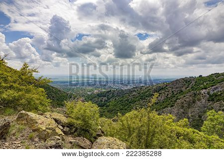Spectacular view over the city from the top of the mountain. Sliven. Bulgaria