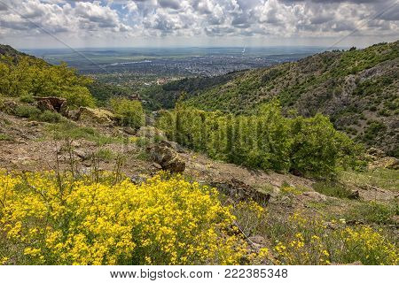 Spectacular view over the city from the top of the mountain. Sliven. Bulgaria