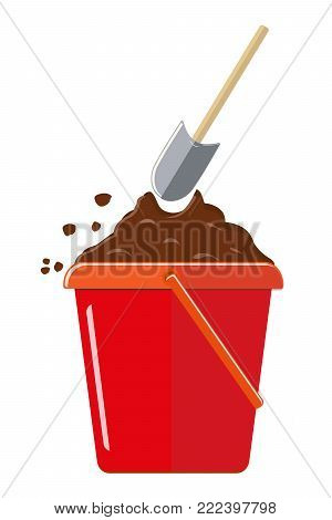 Plastic bucket to the ground and shovel. Isolated on white background. Vector illustration