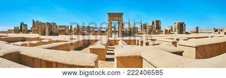 The largest ancient palace complex in middle East with preserved stone ruins, occupying the plateau at the mountains' foot, Persepolis, Iran.