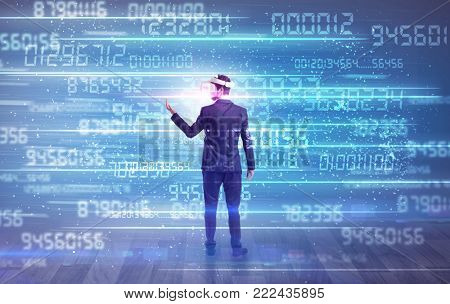 Businessman in vr glasses with variable fast changing numbers around