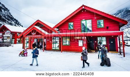 Flam, Norway - December 28, 2014: Station old Flam Railway. The Flam Line (Norwegian: Flamsbana) is a 20.2-kilometer long railway line between Myrdal and Flam in Aurland, Norway.