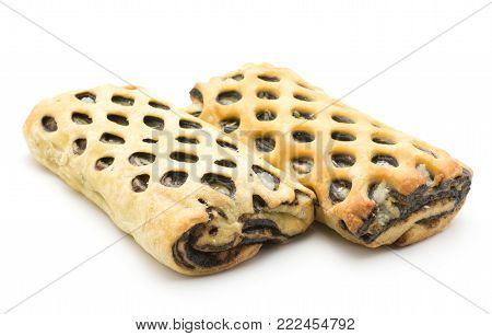 Two lattice breads with coconut sweet chocolate inside isolated on white background fresh baked