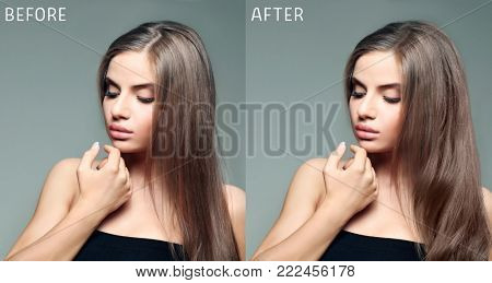 Beautiful young woman before and after procedure of hair extension in professional salon on color background