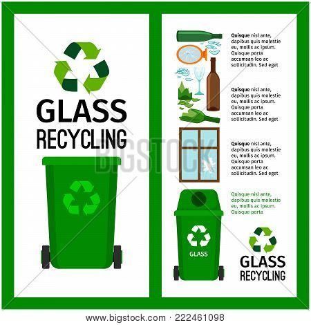 Garbage green container info with glass trash elements, vector illustration
