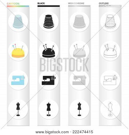 Electric sewing machine, sewing thimble, pincushion, equipment mannequin. Sewing and equipment set collection icons in cartoon black monochrome outline style vector symbol stock illustration .