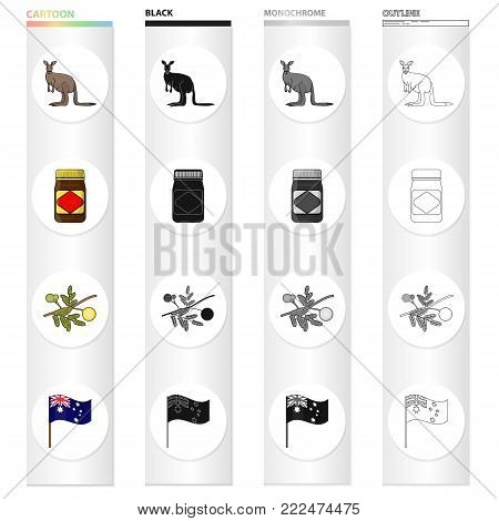 Kangaroo, apple sauce chutney, Australian acacia, wattle, national flag. Australia set collection icons in cartoon black monochrome outline style vector symbol stock illustration .
