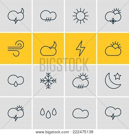 illustration of 16 weather icons line style. Editable set of windstorm, cloudy, fulminant and other elements.