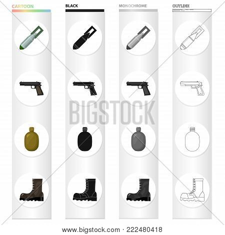 An air bomb, a pistol, a soldier's flask, an army boot. The military and the army set collection icons in cartoon black monochrome outline style vector symbol stock illustration .
