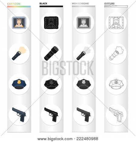 A criminal in prison, a flashlight, a police cap, a pistol. Police set collection icons in cartoon black monochrome outline style vector symbol stock illustration .