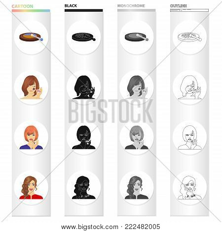 Powder and blush, lipstick, applying make-up on the face. Makeup and care set collection icons in cartoon black monochrome outline style vector symbol stock illustration .