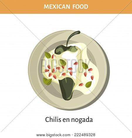 Chilis en nogada with tender sauce from traditional Mexican food isolated vector illustration. Green chili pepper stuffed with mixture of chopped meat, fresh fruits, sweet raisins and hot spices.