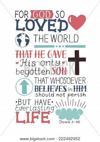 Golden Bible verse John 3 16 For God so loved the world, made hand lettering with heart and cross. Biblical background. Christian poster. Modern calligraphy. Graphics. Scripture. New testament
