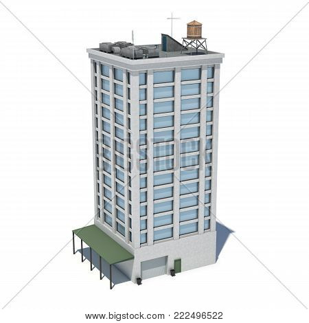 3d rendering of a white high office building with many large windows and a garage on the ground floor. Commercial building. Offices and industrial premises. Bland building exterior.