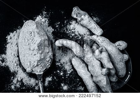 Turmeric,curcuma Longa And Its Powder On A Wooden Surface.;