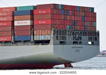 NEW YORK CITY - AUG. 27: Container Ship Houston Brige on August 27, 2017 in New York City, NY. Vessel Houston Brige is a container ship built in 2012 and currently sailing under the flag of Panama.