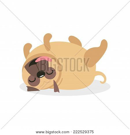 Cute pug dog character sleeping on its back, pet dog cartoon vector Illustration on a white background