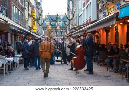 Street View Of Historical Old City Altstadt District In Dusseldorf, Germany