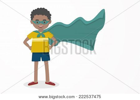 Cute kid, happy boy wearing a hero mask and cloak, illustration vector.