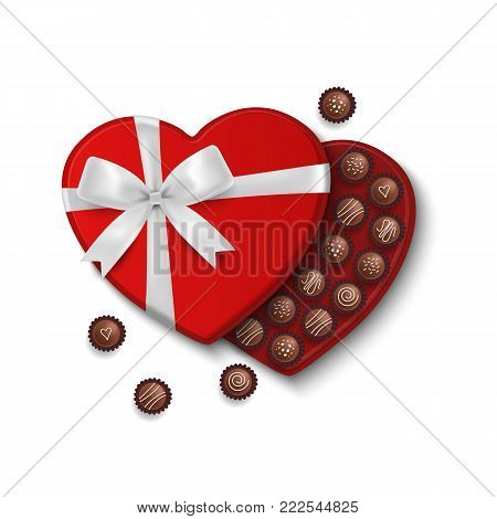 Heart shaped valentine's chocolates. Gift box. Valentines day present. Vector illustration. Bow of sweets.