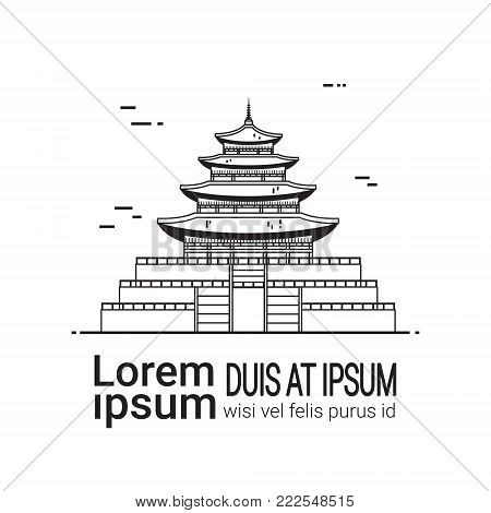 Seoul Palace Landmark Skecth, Hand Drawn Traditional Korea Temple Vector Illustration