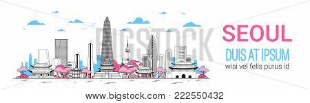 Seoul City Background Skyline South Korea View With Skyscrapers And Famous Landmarks Template Horizontal Banner Thin Line Vector Illustration
