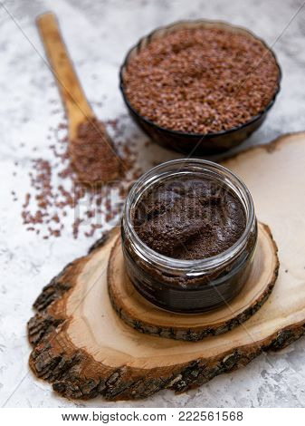 Flaxseed Urbech - Raw Vegan Diet. Traditional Dagestani Paste. Superfood Concept,