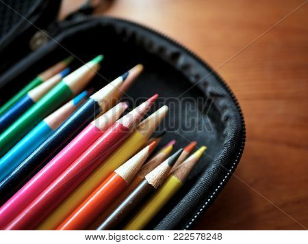 Colored Pencils and Art Supplies in Pencil Case