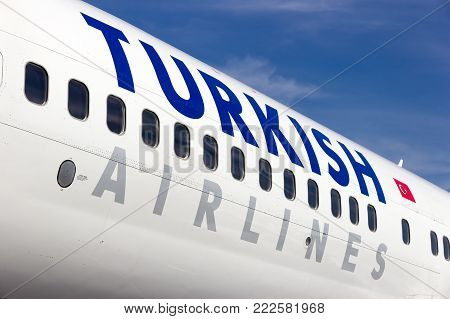 BERLIN, GERMANY - MAY 21: Close up of a Turkish Airlines Boeing 737-800 at the International Aerospace Exhibition ILA on May 21nd, 2014 in Berlin, Germany.