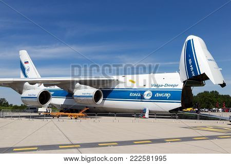 BERLIN, GERMANY - MAY 22, 2014: Russian made Antonov An-124 transport plane at the International Aerospace Exhibition ILA in Berlin, Germany.