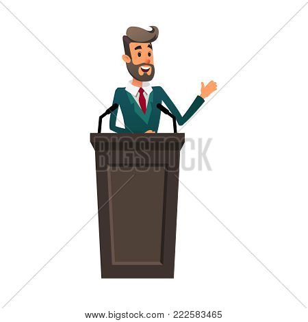 The lecturer stands behind the rostrum. The speaker lectures and gestures. A young politician speaks to the public. Orator broadcasts on the podium.