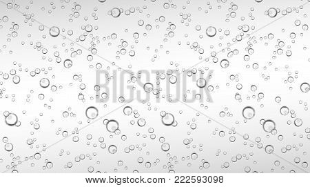 Vector realistic water, soda, transparent carbonated drink with bubbles close up illustration. CO sparklings on white isolated background. Poster, banner design element