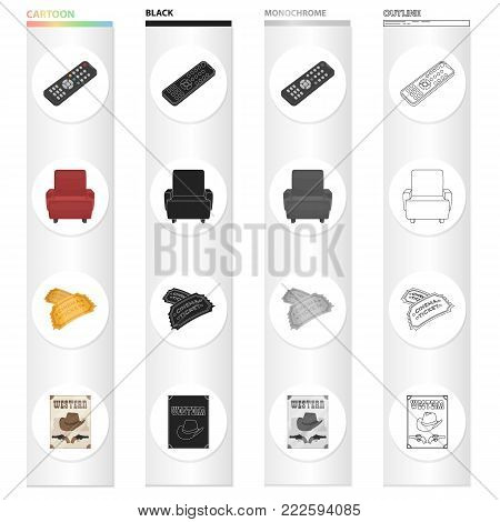 The control panel, a chair in the cinema, a movie ticket, a western poster. Film and Cinema set collection icons in cartoon black monochrome outline style vector symbol stock illustration .