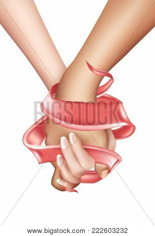 Realistic holding hands with elegant pink ribbon isolated close up. Friendship, couple love between man, woman. Man holding girl hand. Valentines day, symbol of togetherness. Vector illustration