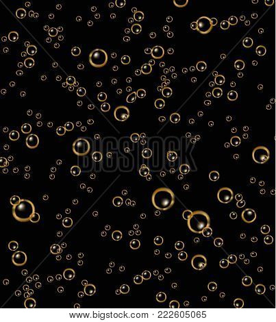 Vector realistic soda, champagne carbonated drink with bubbles close up illustration. Golden CO sparklings on black background. Poster, banner design element