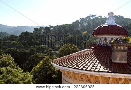 MONSERRATE, PORTUGAL - October 3, 2017: View of the round and gently sloping roofs and decoration of the finilas of the Monserrate Palace in Sintra, Portugal