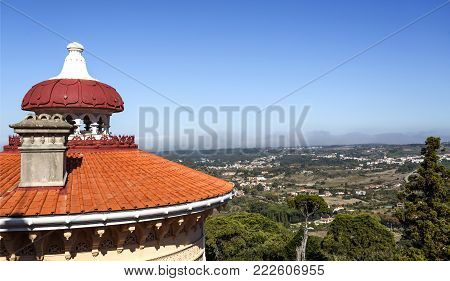 MONSERRATE, PORTUGAL - October 3, 2017: View of the round and gently sloping roofs and decoration of the finilas of the Monserrate Palace in Sintra, Portugal