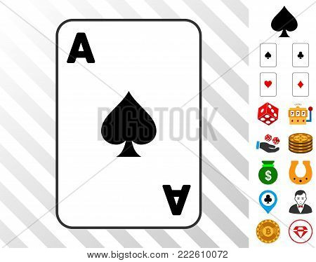 Spades Ace Playing Card pictograph with bonus gamble design elements. Vector illustration style is flat iconic symbols. Designed for gamble ui.