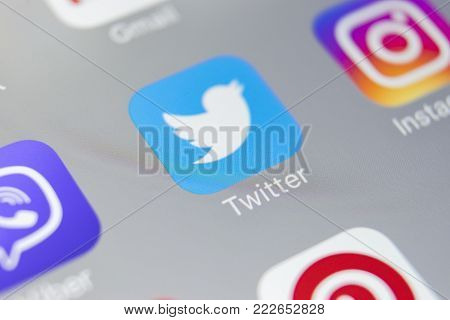 Sankt-Petersburg, Russia, January 19, 2018: Twitter application icon on Apple iPhone 8 smartphone screen close-up. Twitter app icon. Twitter is an online social networking and microblogging service .