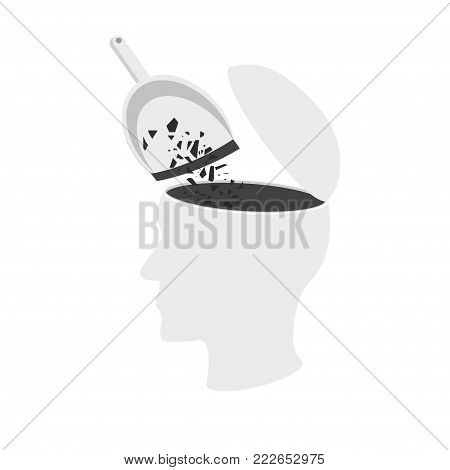 Mind pollution psychology concept. Stock vector illustration of open human head and garbage rubbish in it isolated on white background.