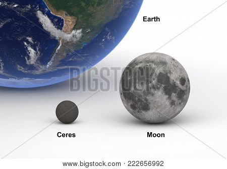 This image represents the size comparison between Ceres (dwarf planet) and Moon with Earth in a precise and scientific design.This is a 3d rendering.