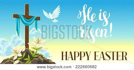 Silhouette of wooden cross with shroud, dove and lilies. Happy Easter concept illustration or greeting card. Religious symbols of faith against sunrise sky.