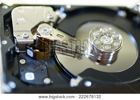 Internals of SATA hard disk drive, shallow depth of field