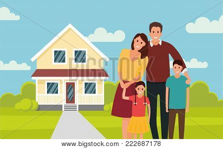 Happy young family near their home. Father, mother, son and daughter. - stock vector in the flat style.