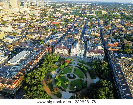 Aerial Jackson Square Saint Louis Cathedral Church In New Orleans, Louisiana