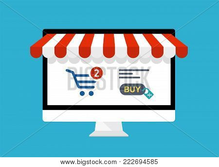 Online shopping concept. Computer with awning - stock vector.