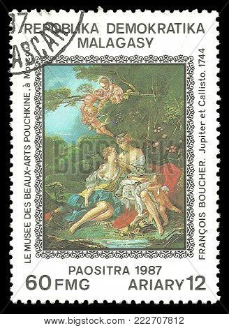 Madagascar - circa 1987: Stamp printed by Madagascar, Color edition on Art, Shows Painting Jupiter and Callisto by Francois Boucher, circa 1987