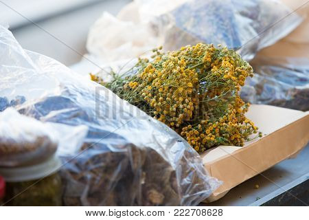 Dried medicinal chamomile flowers in a bundle and a tselofan bag